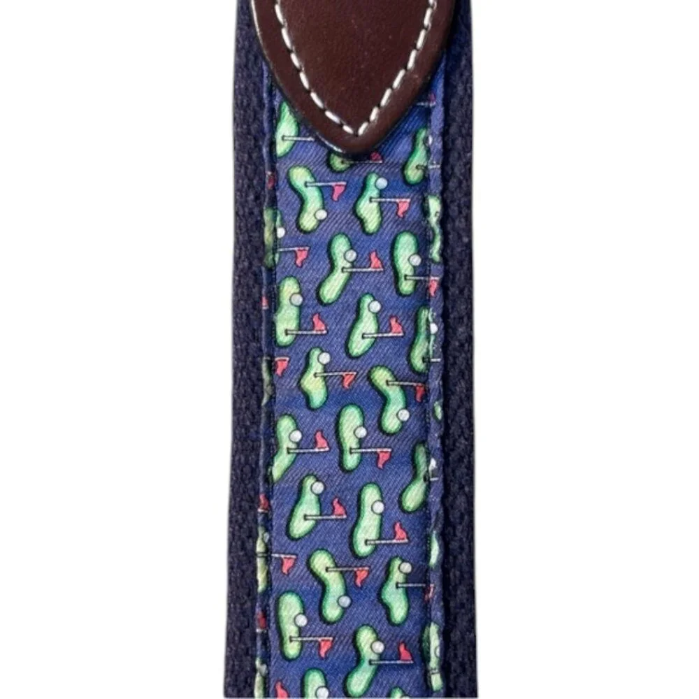 Vineyard Vines Golf Print Canvas Belt Brown Leather Trim Size 38 Preppy